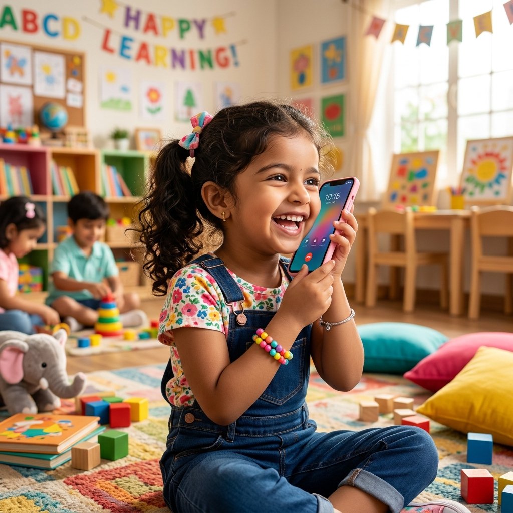 Happy Indian child on a phone